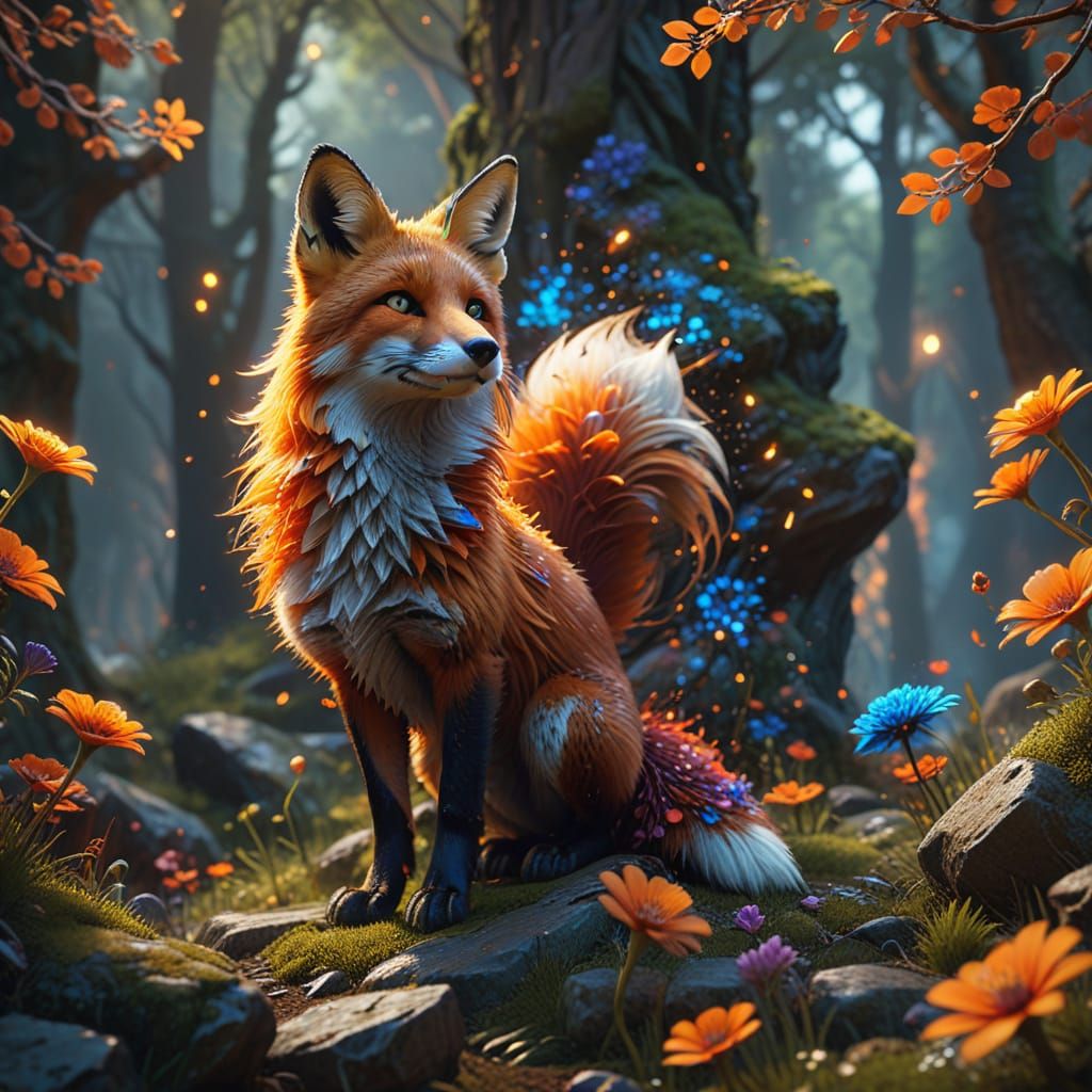 Surreal Fox in Vibrant Woodland Wonderland