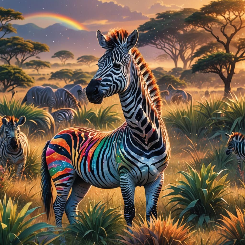 Rainbow Zebra in African Sunset, Cosmic Art