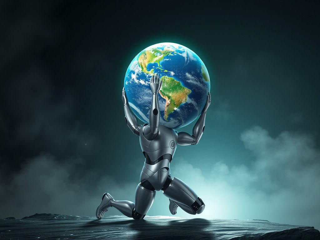 AI Robot Atlas Holding Earth: Hyperrealistic Digital Art