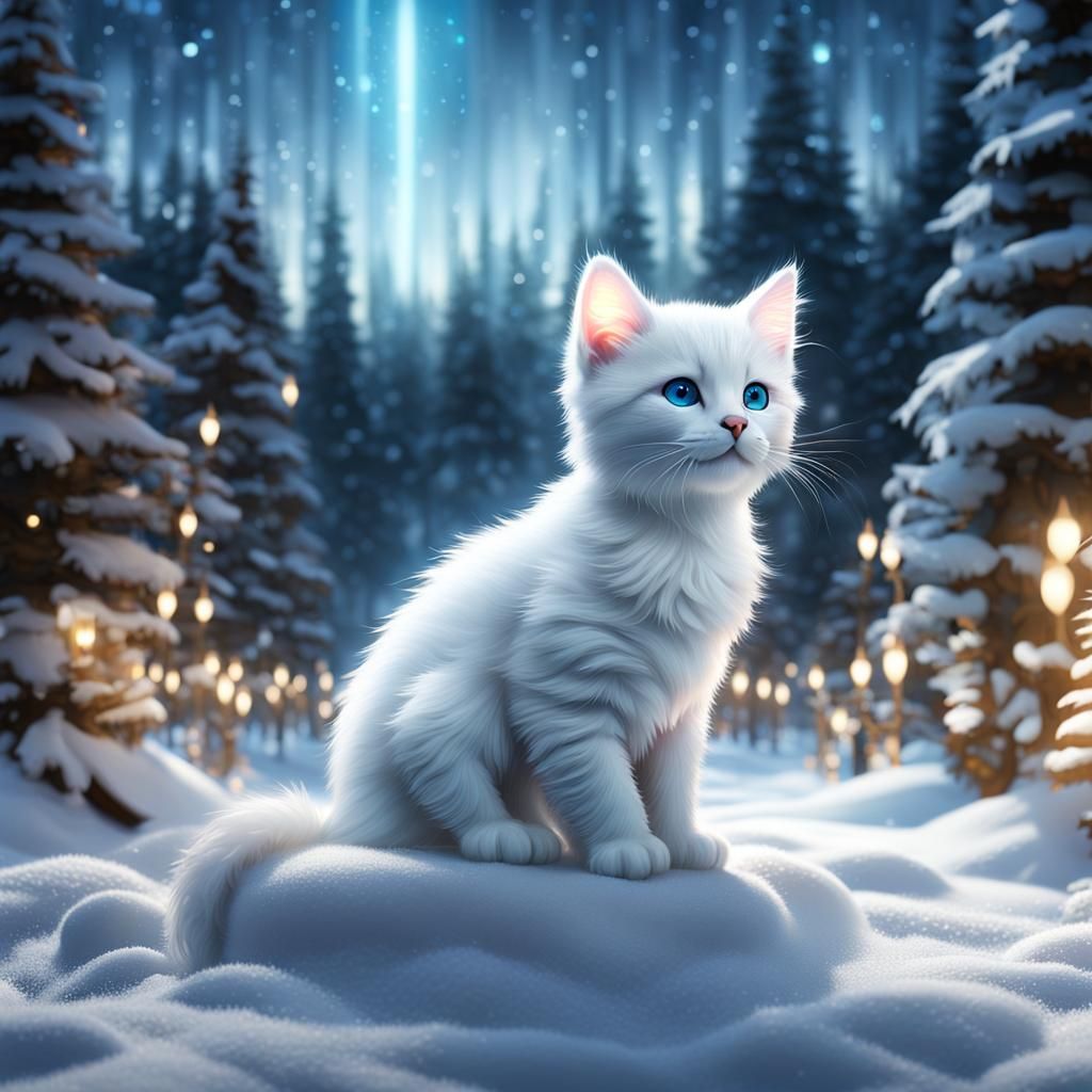 Kitten in Snowy Forest: Fantasy Art