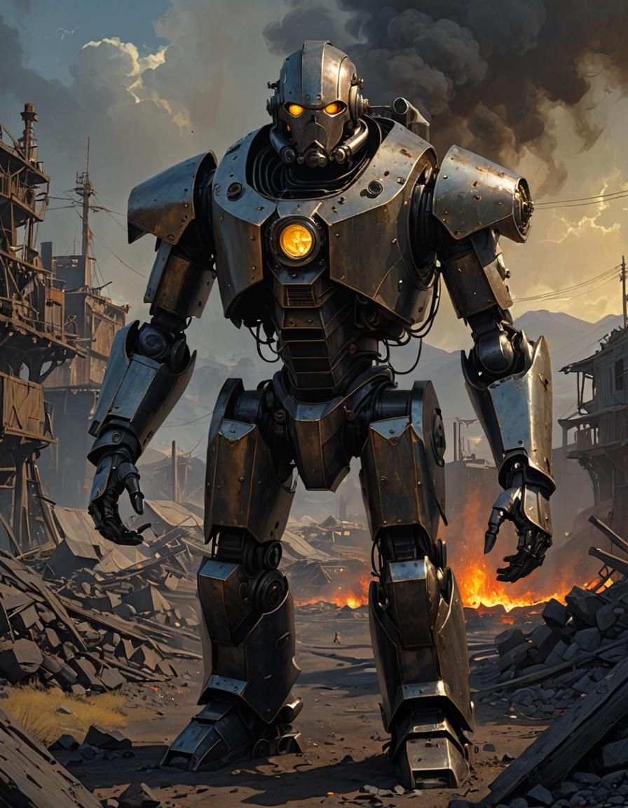 Post apocalyptic minimalist Metal Golem Shiny edges, dark me...