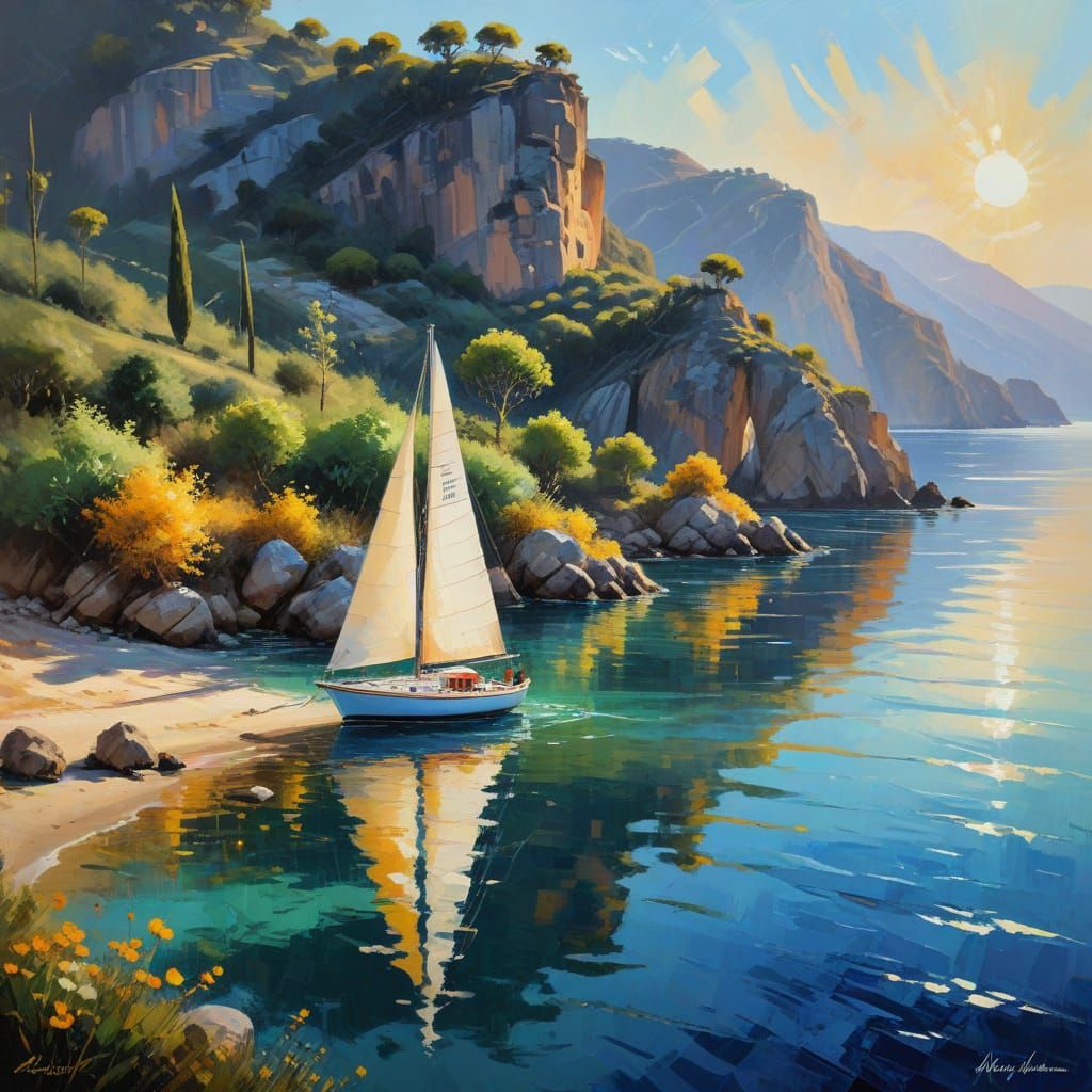 Vibrant Mediterranean Landscape in Oil Paint Style