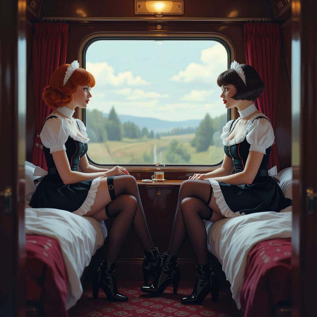 French Maids on a Train, Detailed Matte Painting