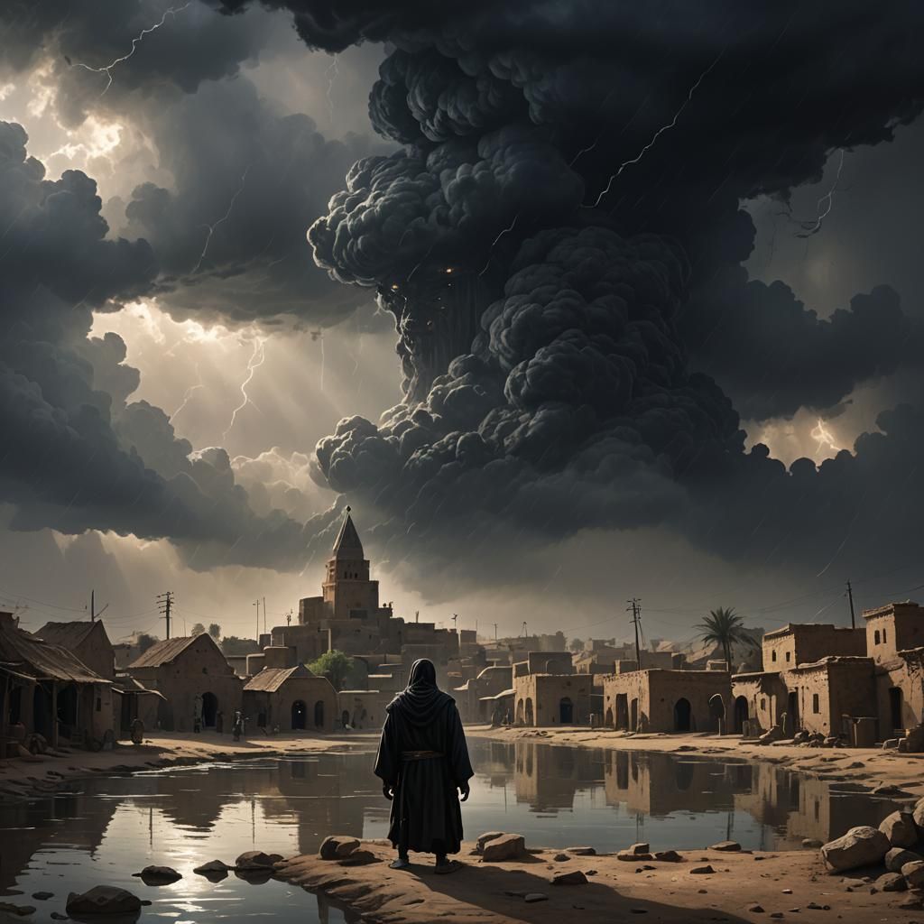 Haunting Cover: Stormy Iraqi Village and Shadow Figure