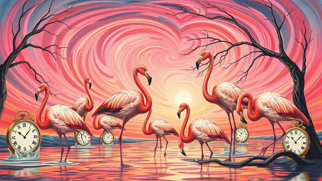 Flamingos in Surreal Dreamscape, Watercolor Style