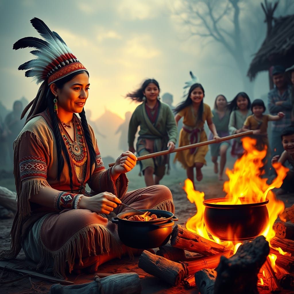Native American Village in Whimsical, Hyper-Realistic Style