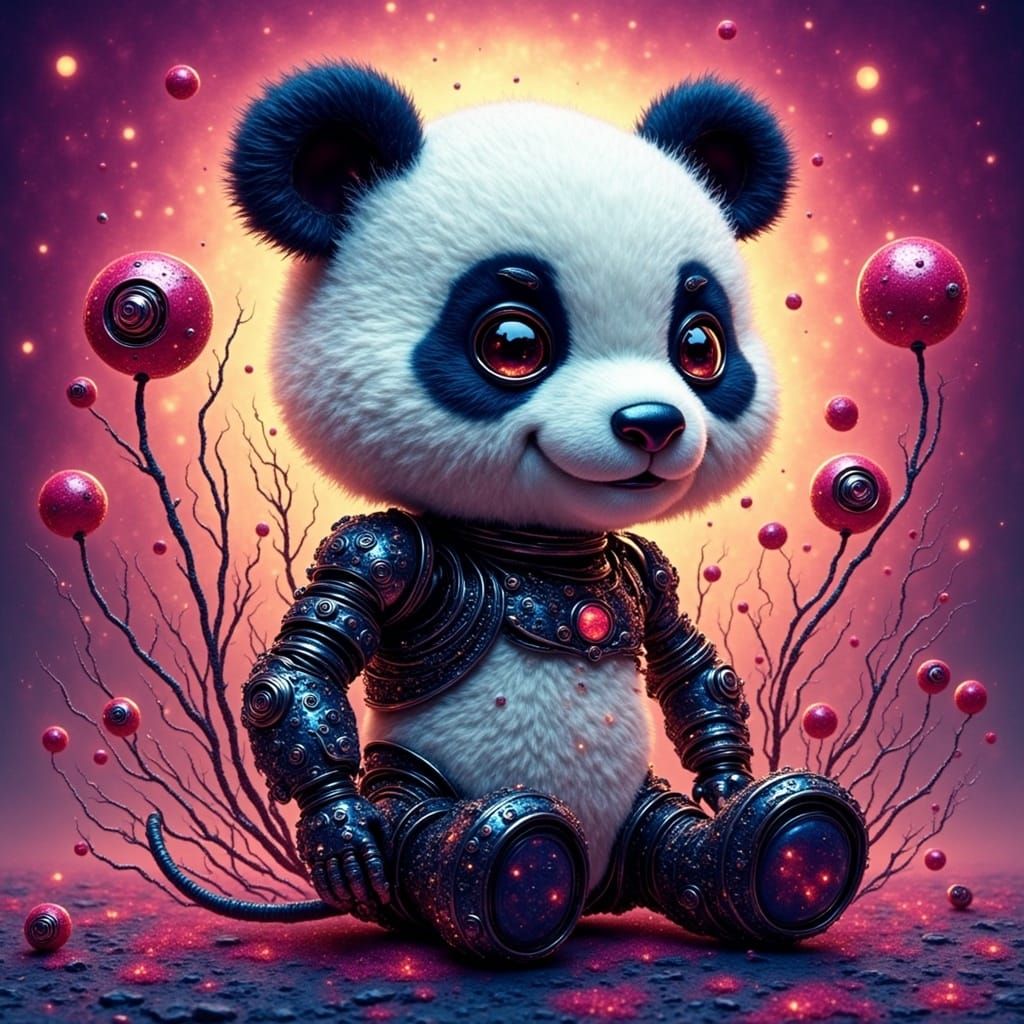 Cute Cyborg Panda Robot in Colorful Lisa Frank Art
