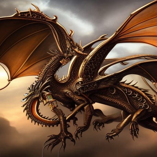 Steampunk Bronze Mechanical Dragon in Flight