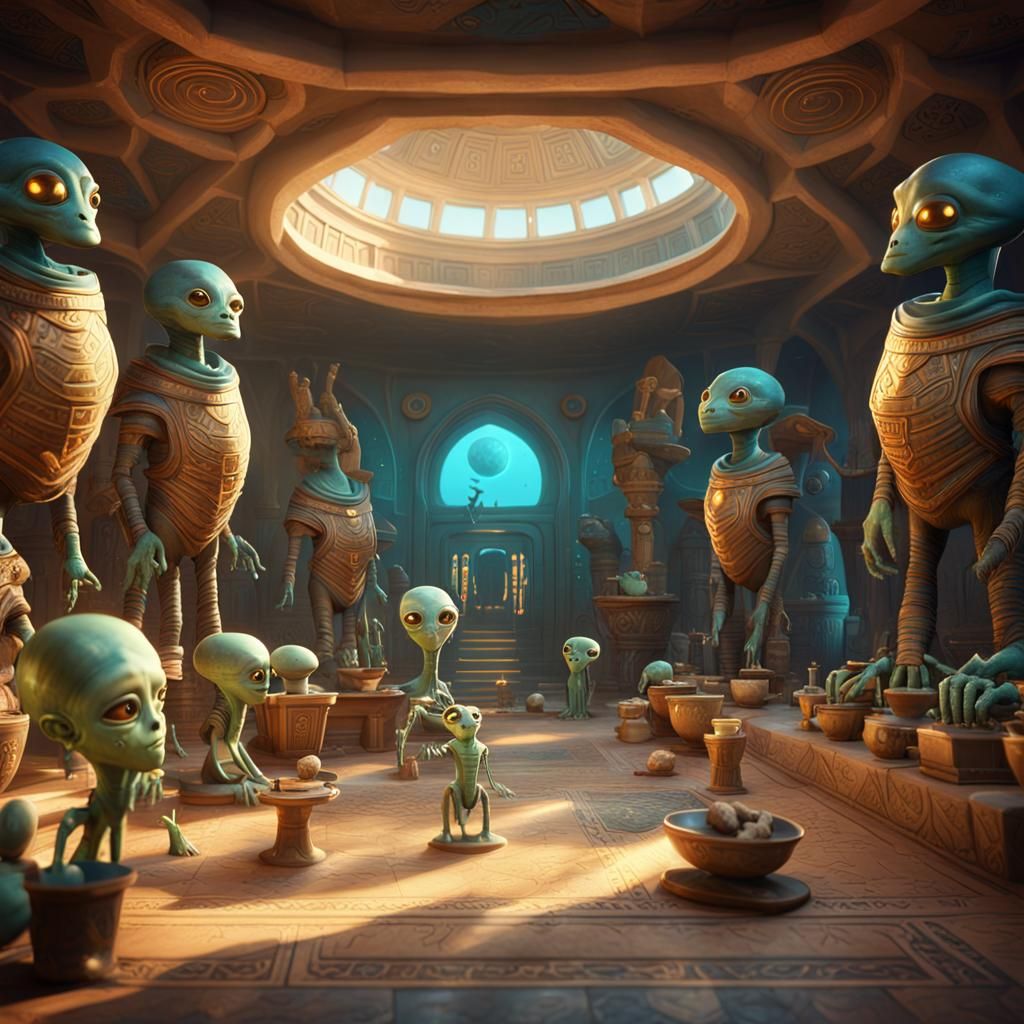 Alien Museum Interior with Cartoon Aliens in Egypt
