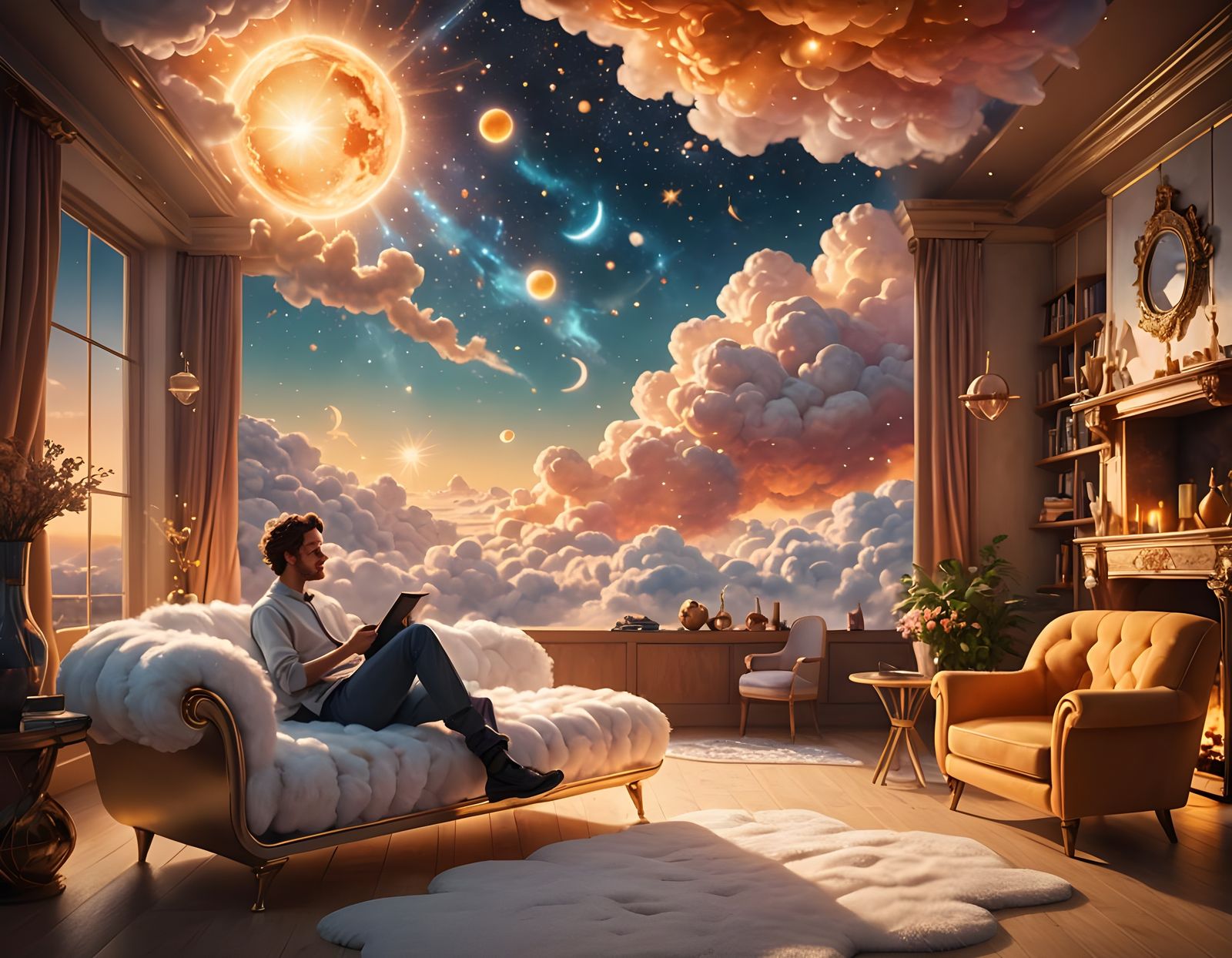 Dreamy Living Room with Cloud Furniture and Sun Fireplace