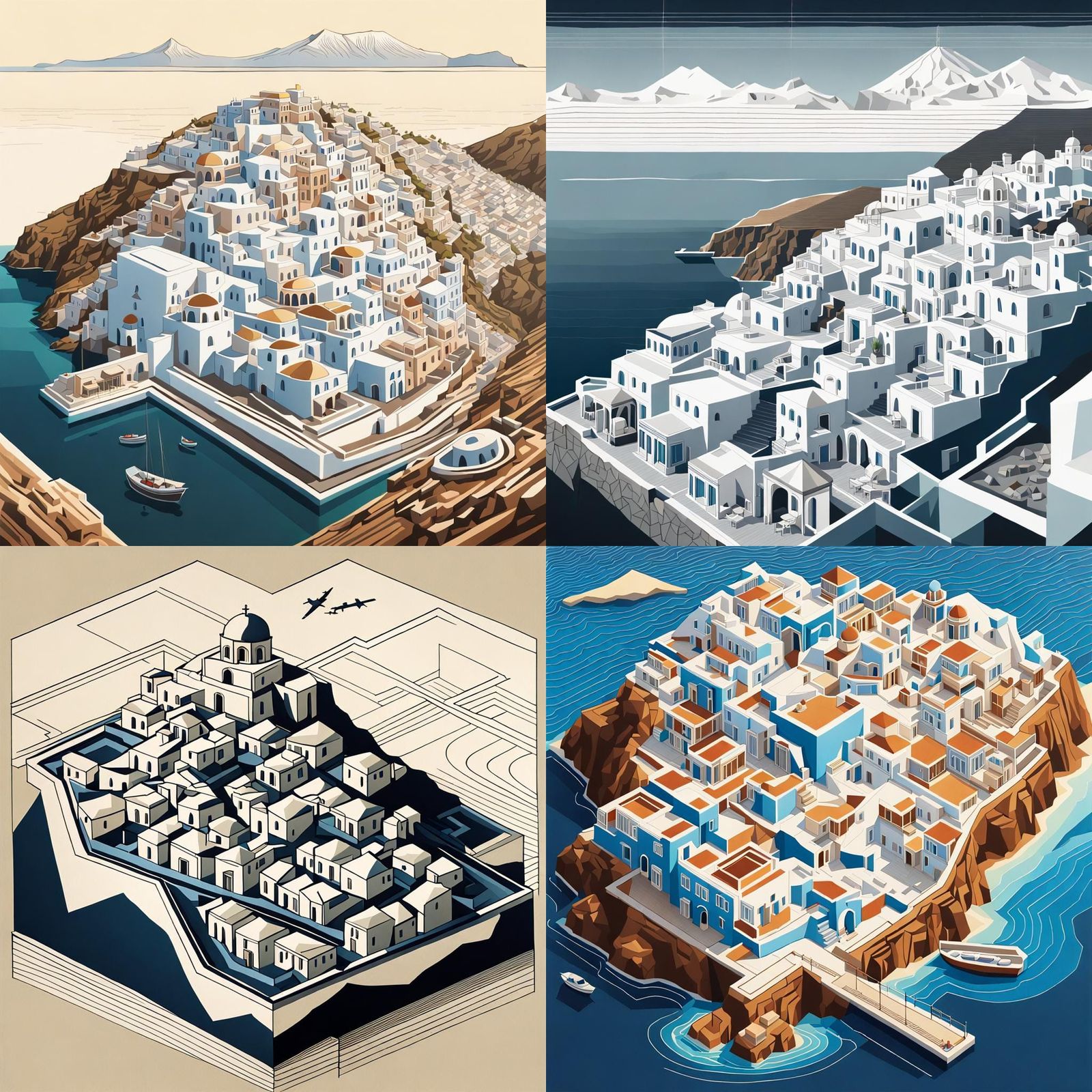 Santorini Island: Geometric Isometric Art