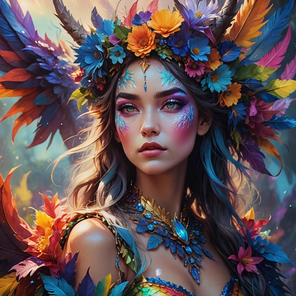 Rainbow Dragon Woman with Flower Crown: Fauvist Digital Art