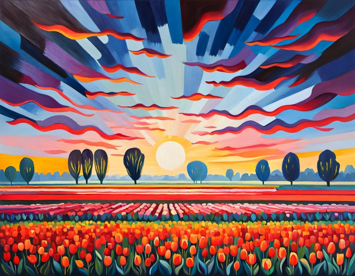 Dutch Tulip Field in Fauvism Style Oil Painting