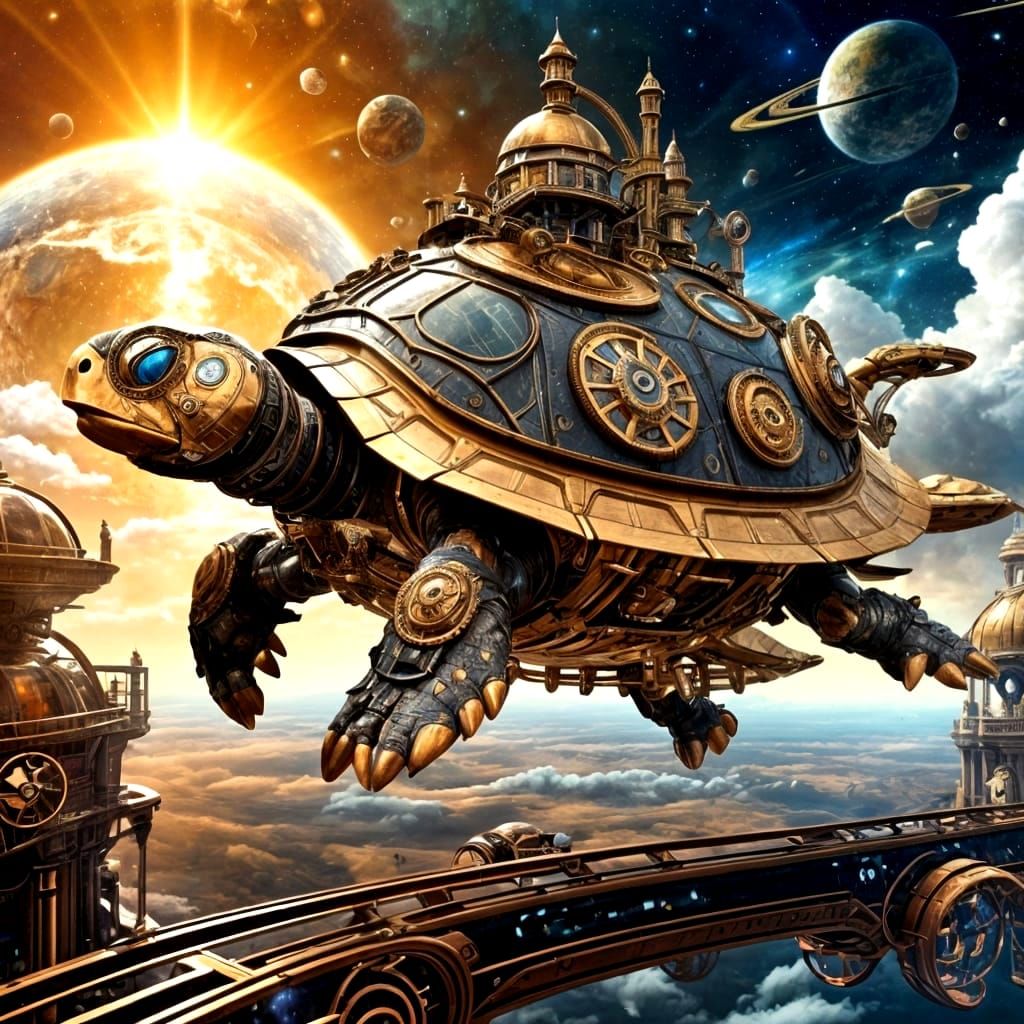 Steampunk Turtle Starship Soaring Through Nebula