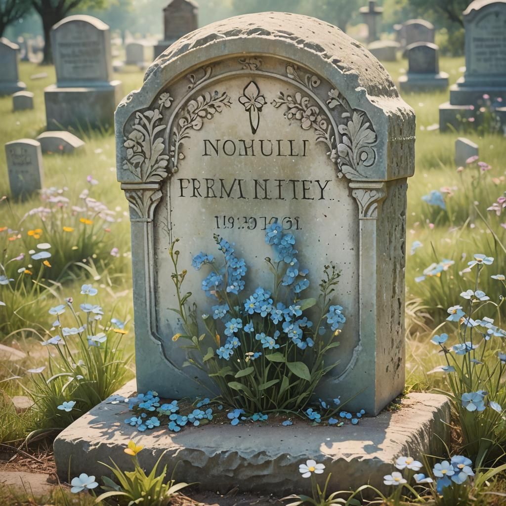 Weathered Grave with Forget-Me-Nots in Watercolor Style