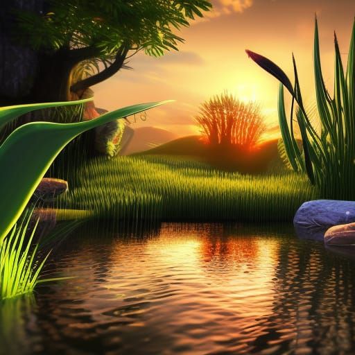 Sunset Pond with Cat Tails: Photorealistic 3D Image