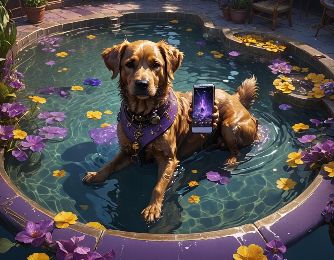 Dog with Phone in Pool, Dark Fantasy Concept Art