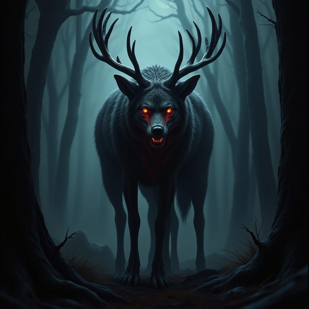 Hyper Realistic Female Wendigo Lurking in Dark Forest