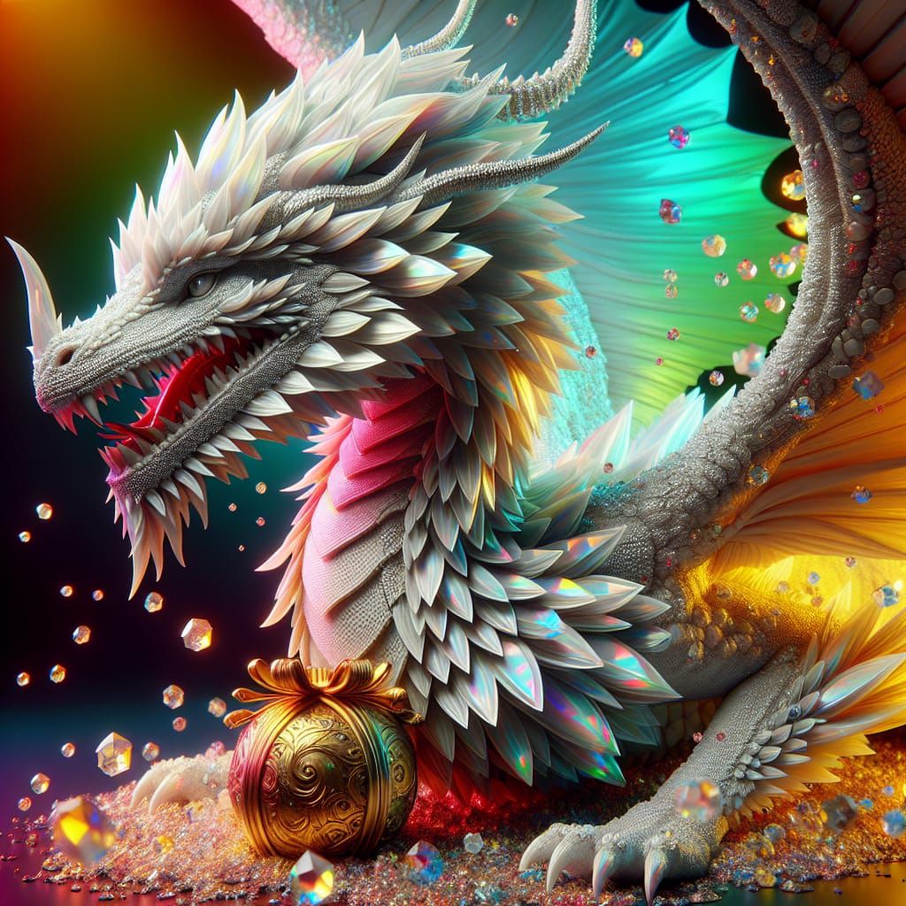 Opal Dragon Guarding Treasure: Splash Art Style