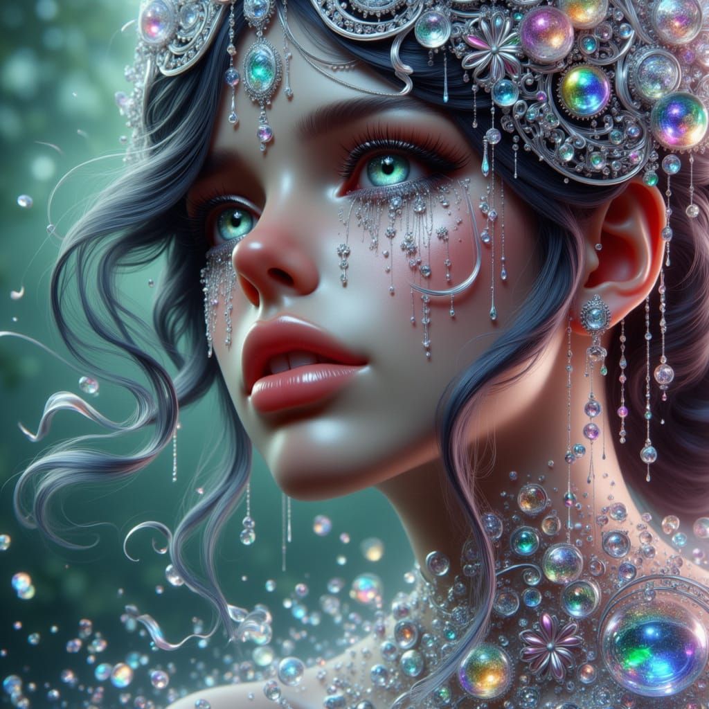 Beautiful Woman Crying Silver Tears in Chaotic Cosmic Landsc...