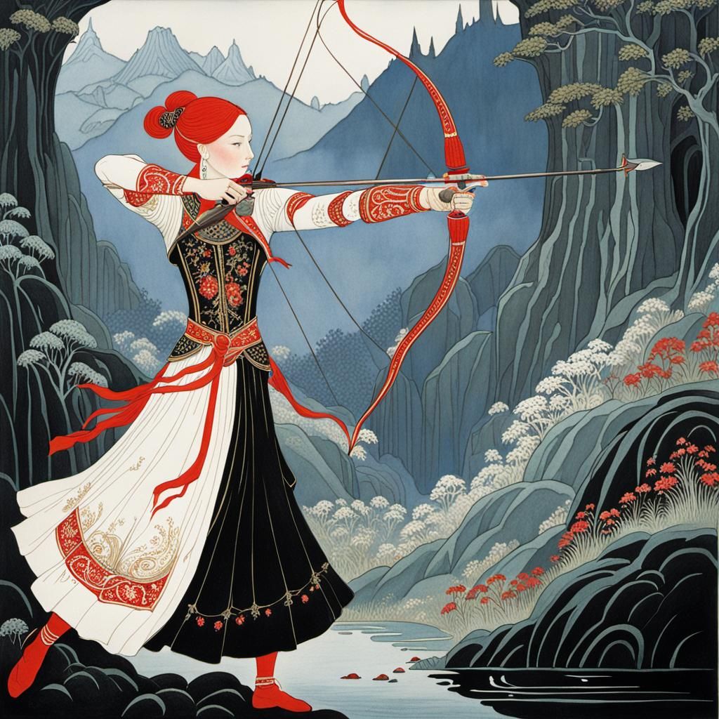 Female Archer in Red, Gouache Painting Style