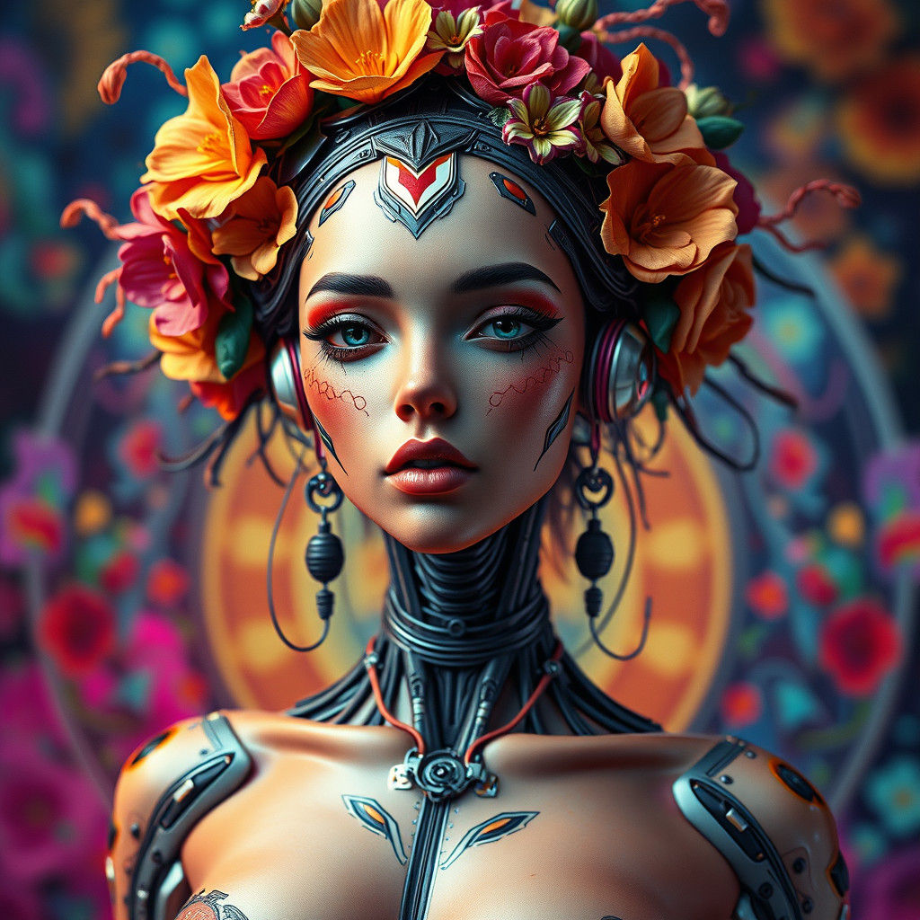 Cyberpunk Android with Floral Headpiece: 3D Render