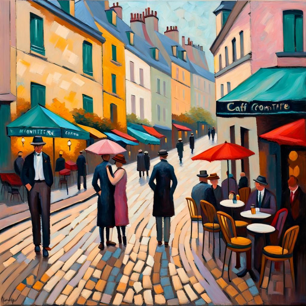 Montmartre Cafe Scene in Expressionist Style