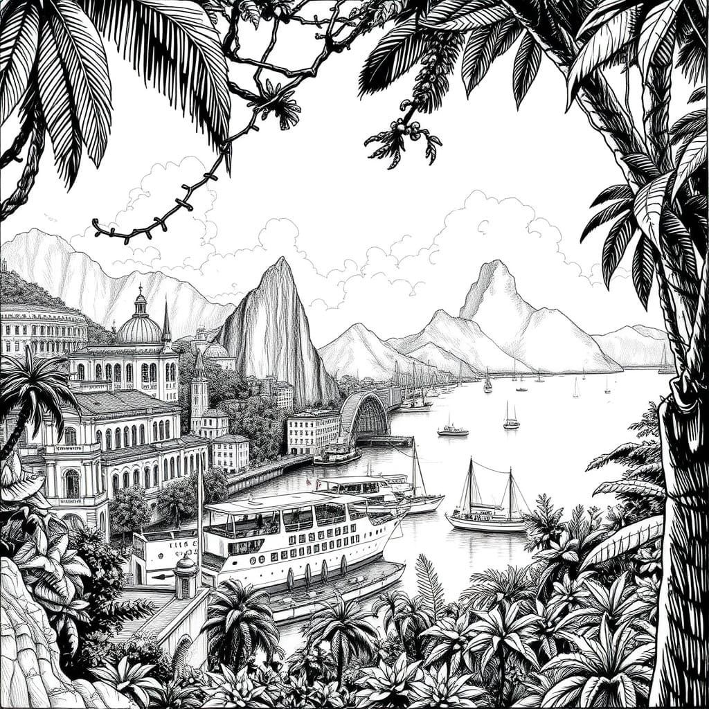 Detailed Ink Drawing of Rio de Janeiro Harbor
