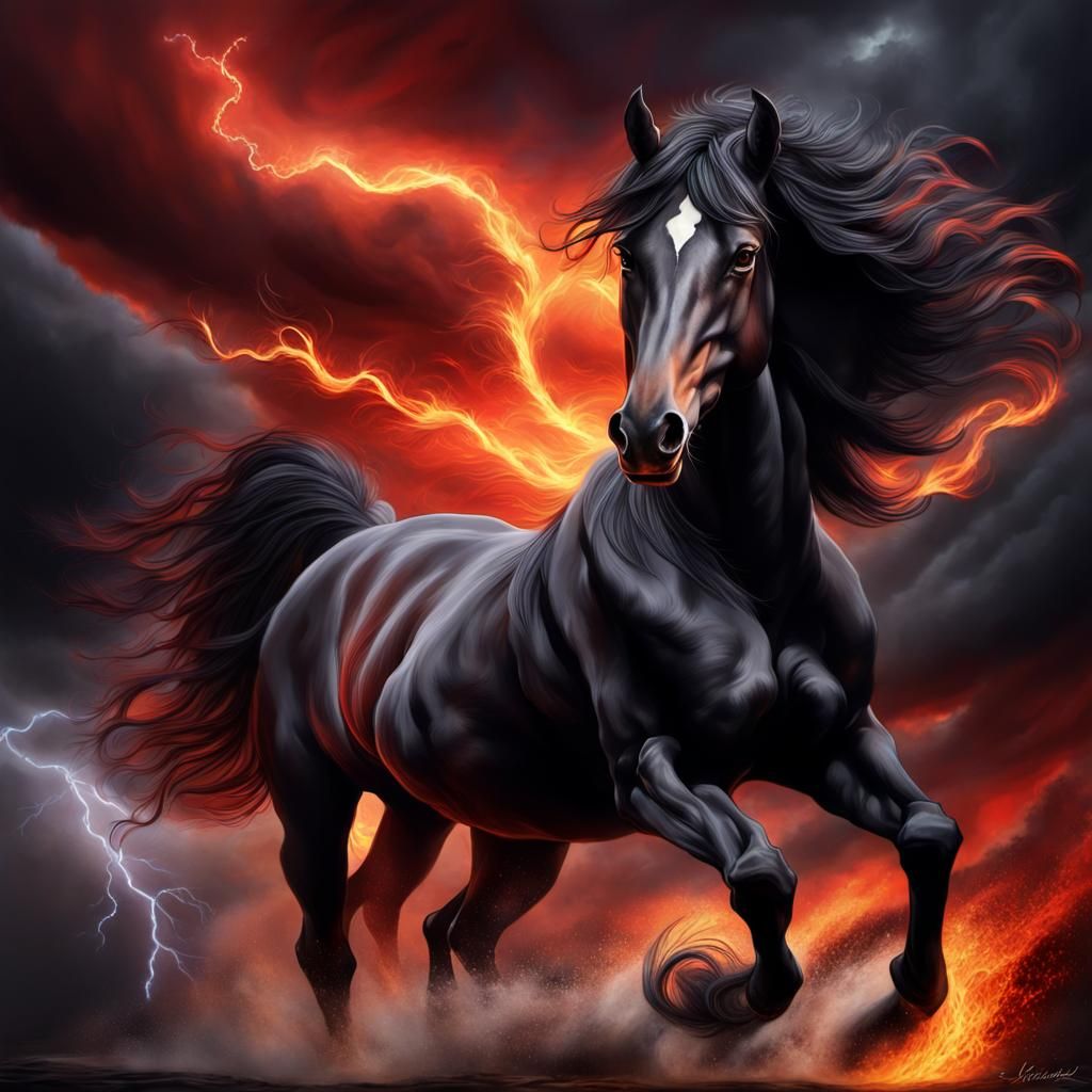Majestic Fiery Horse in Dark Fantasy Portrait