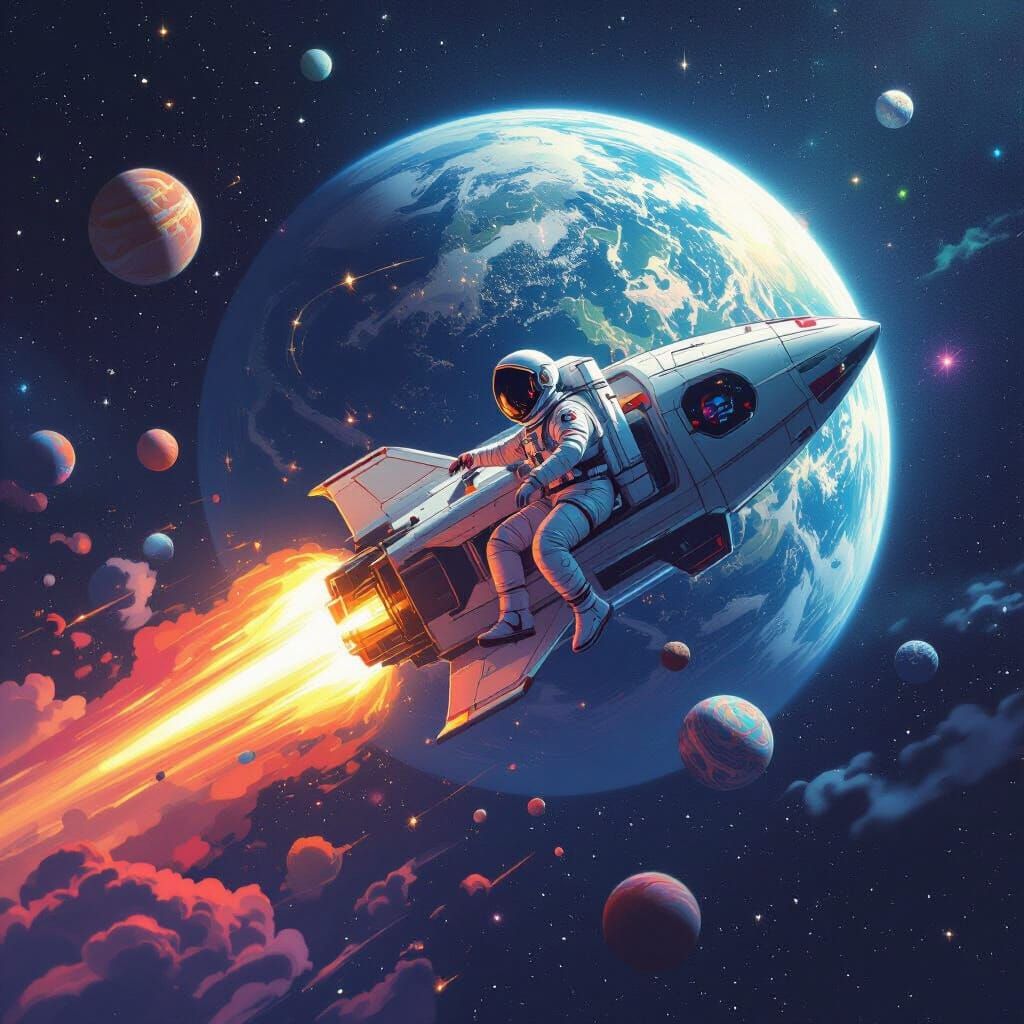 Astronaut Approaches Earth in Sci-Fi Style