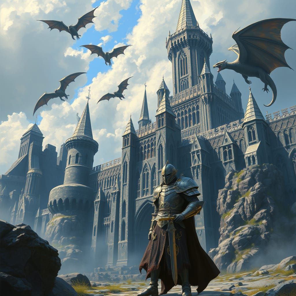 Knight, Dragons, and Medieval Castle Painting