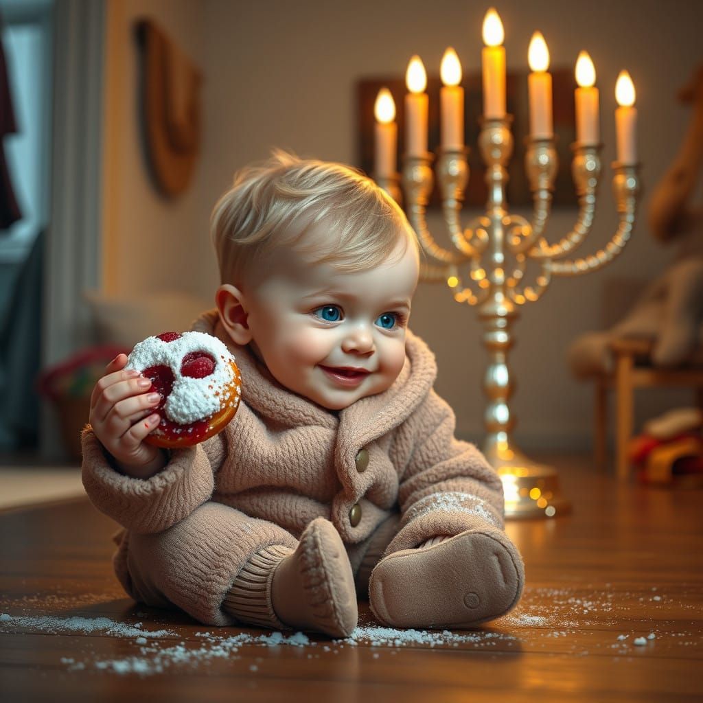 Cherubic Infant Sits Among Winter Whimsy, Gazing at a Smeare...