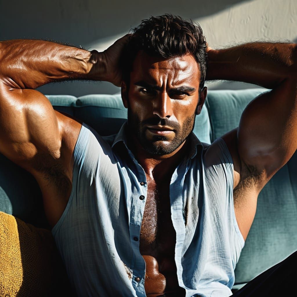 Muscular Arabic Man Relaxing on Sofa in Warm Light