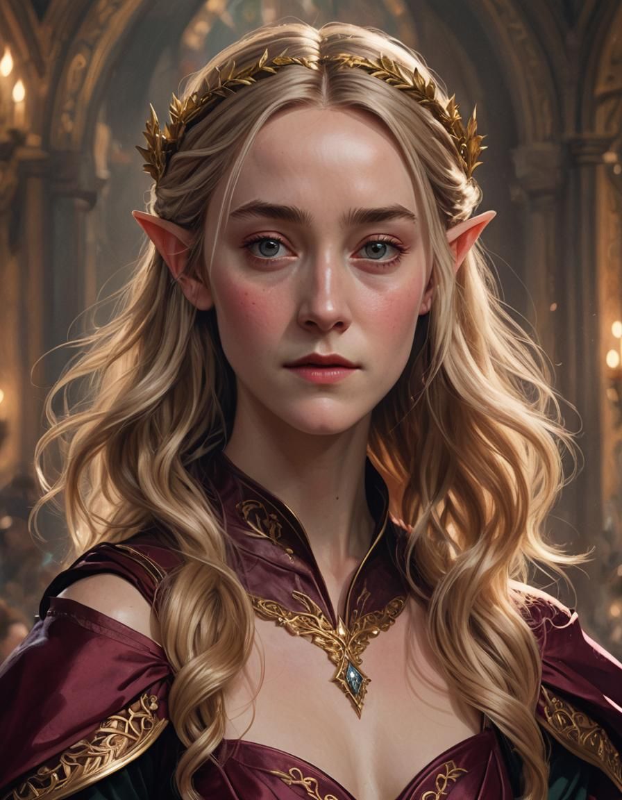 Elf Portrait in Maroon Gown, Digital Art