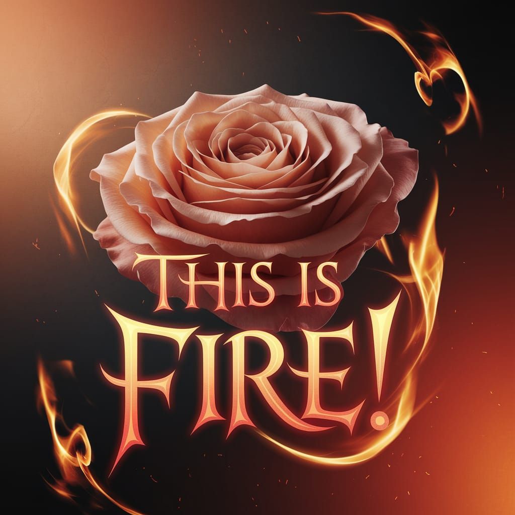 Photo realistic rose, made entirely of fire, the Rose is on fire. In the foreground, a large fiery rose floats gracefull...