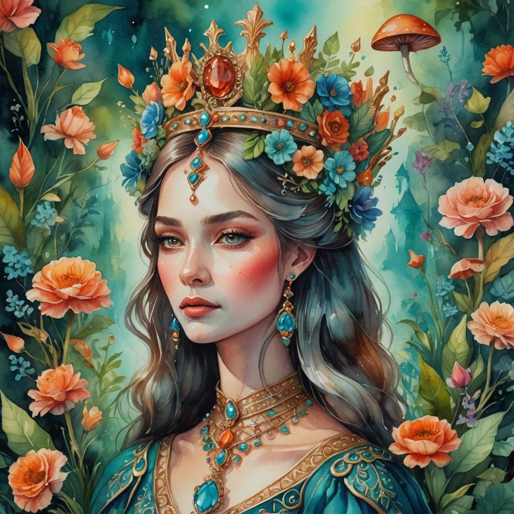 Watercolor Queen Portrait in Fairy Tale Style