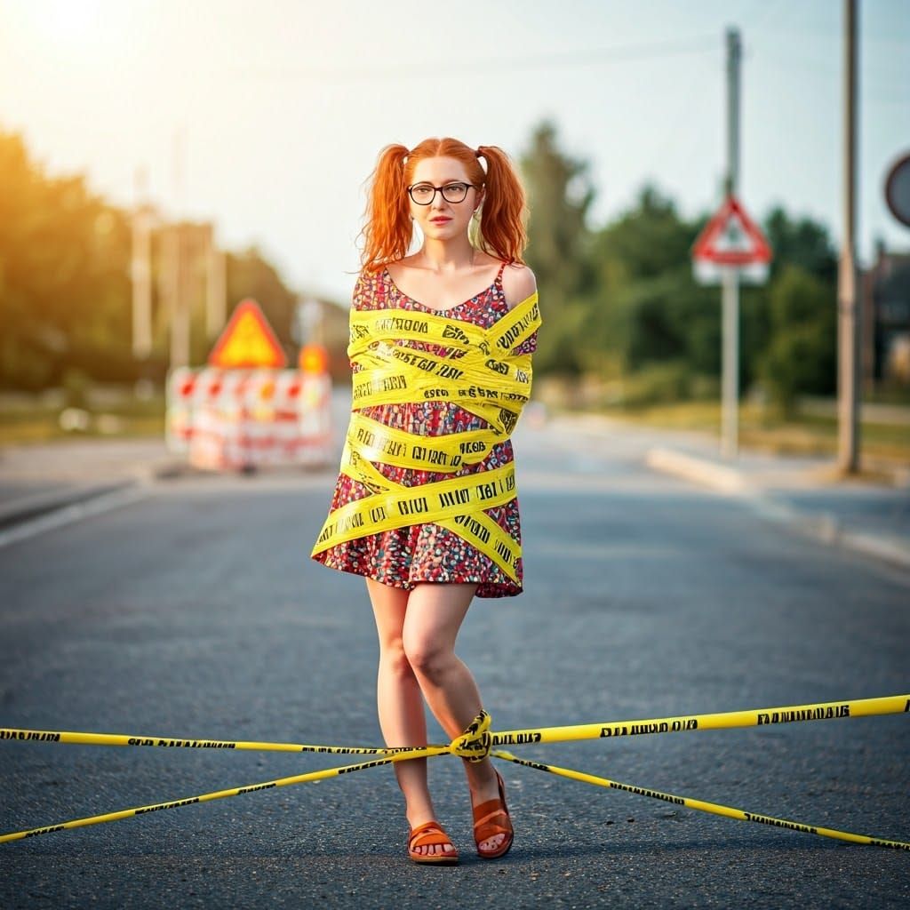 Confident Woman Claimed by Roadworks Tape