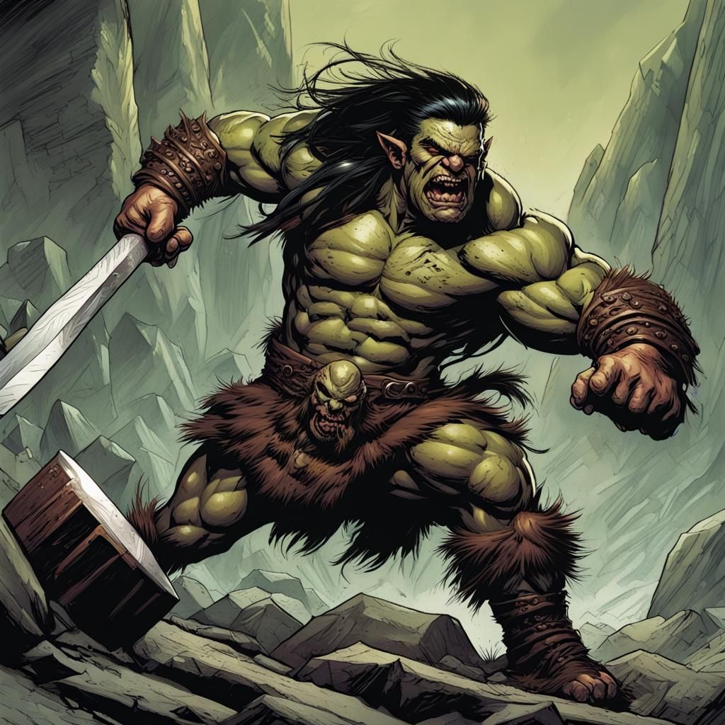 Raging Half-Orc Barbarian in Comic Book Style
