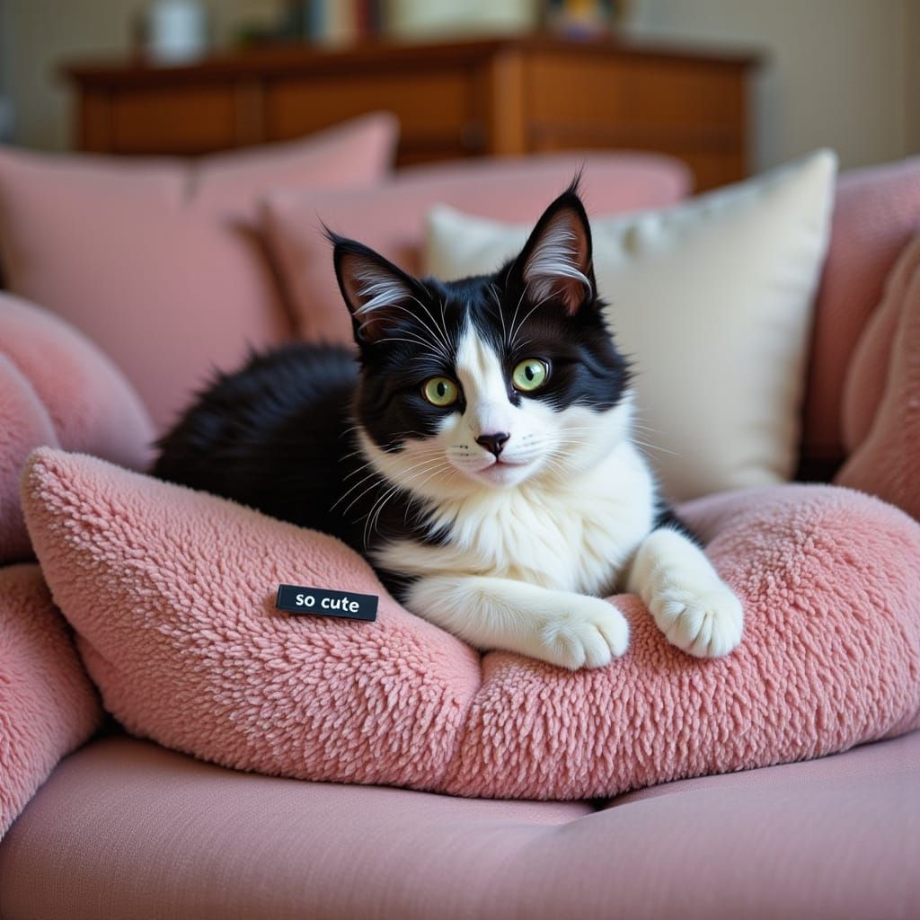 Adorable Tuxedo Cat on Pink Pillow in Country Home