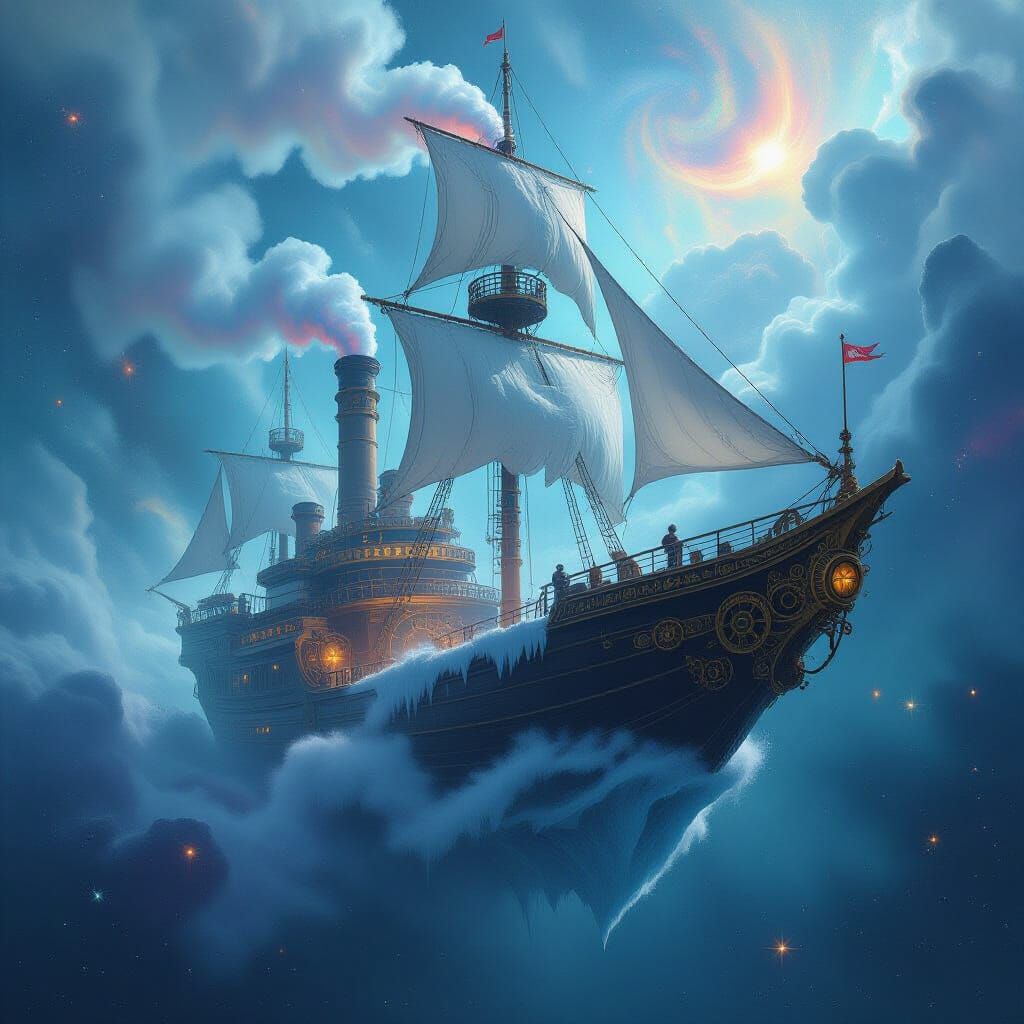 Ancient Steampunk Iceboat Navigates Cosmic Nebula