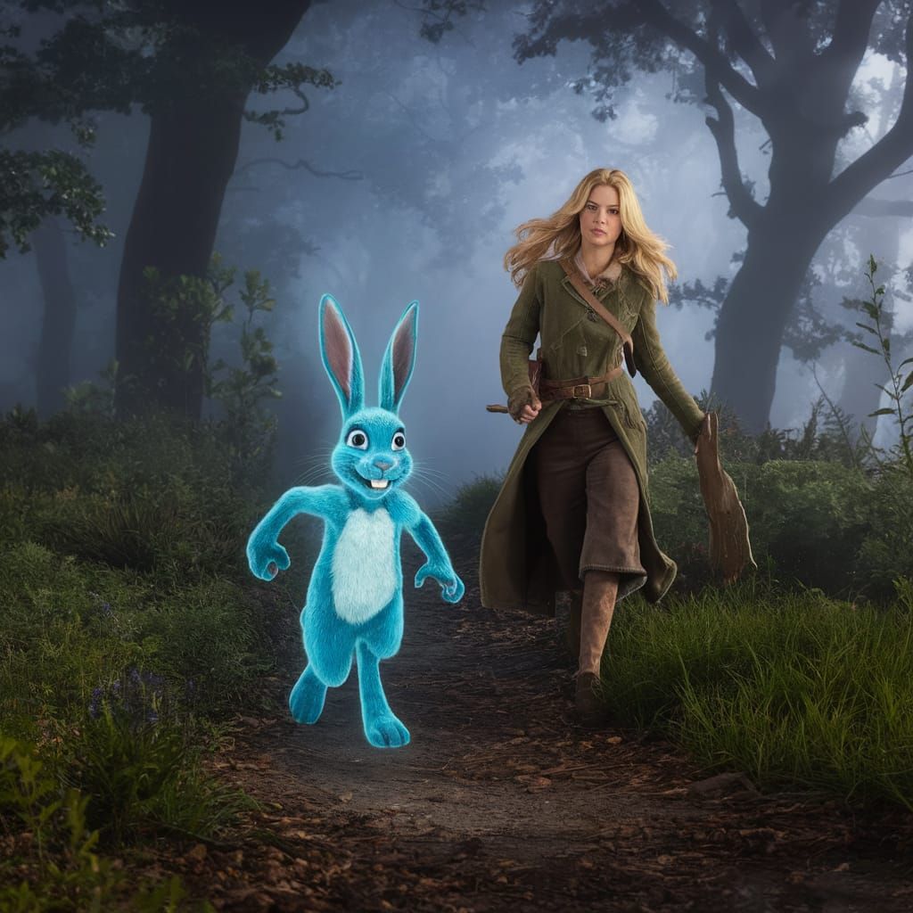 Blue Rabbit's Escape Through Mystical Forest