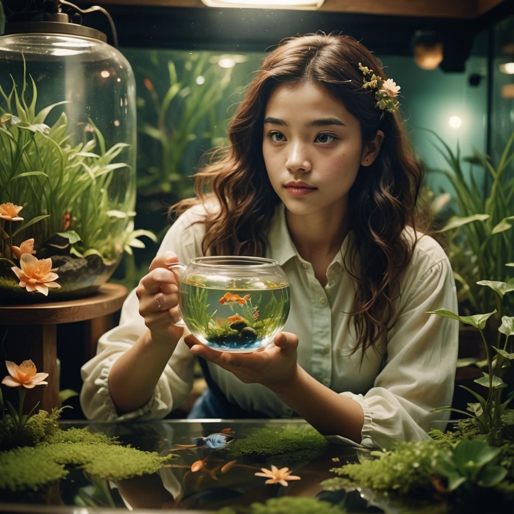 Woman Holding Teacup Aquarium: Cinematic Still