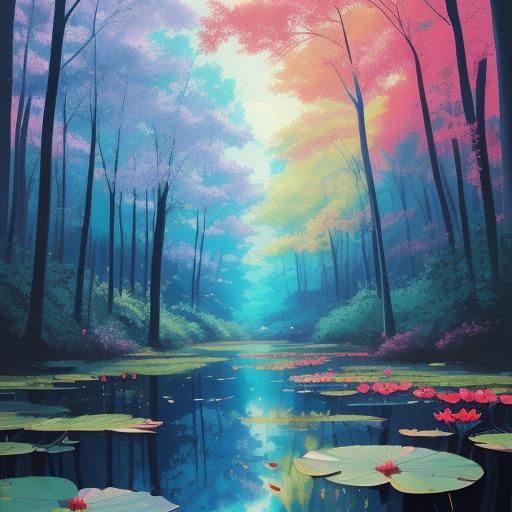 Anime Girl on Lily Pads in Moonlight