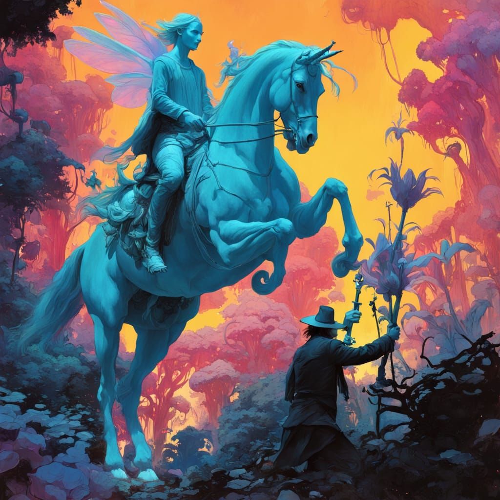 Surreal Fairy Rides Unicorn Through Glowing Neon Garden