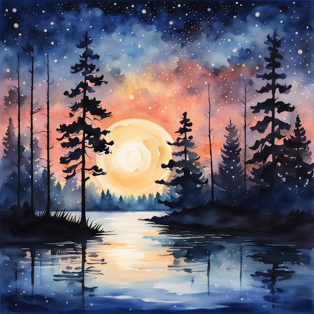 Starry Night Impressionist Landscape with Waterway