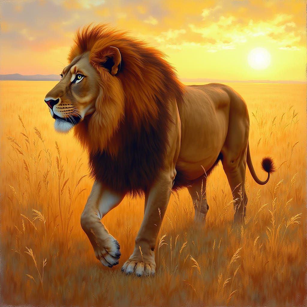 Lion in Wheat Field: Van Gogh-style Impressionism