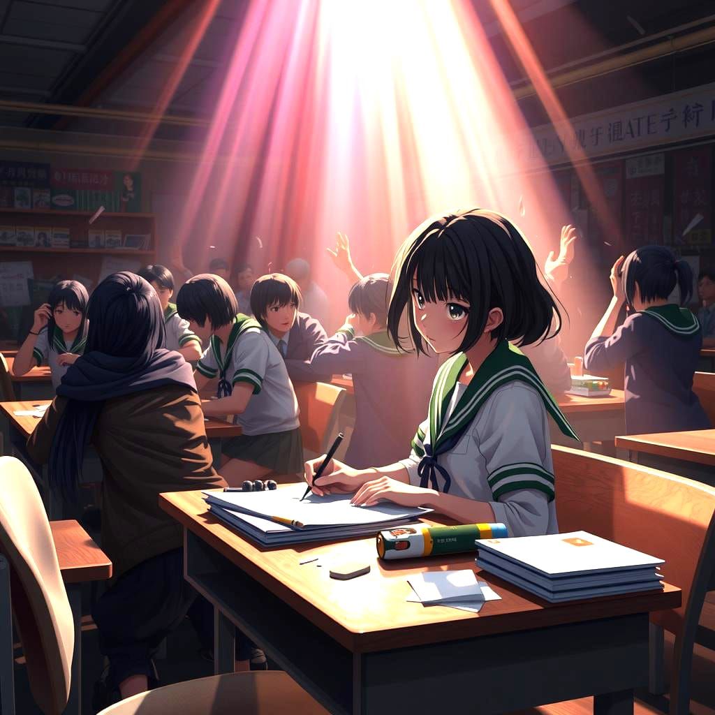 Angry Schoolgirl Amidst Chaos: 3D Anime Art