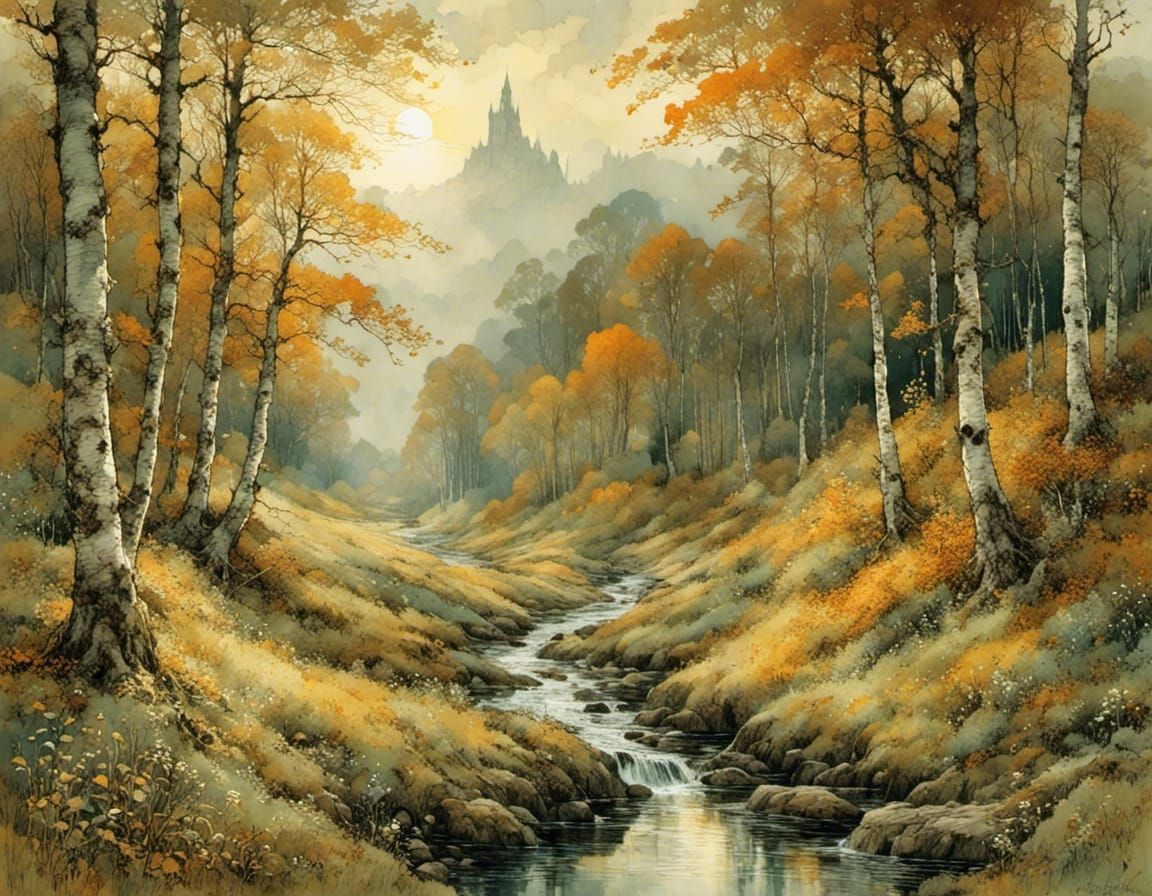 Autumnal Stream Through Birch Forest in Soft Sunlight