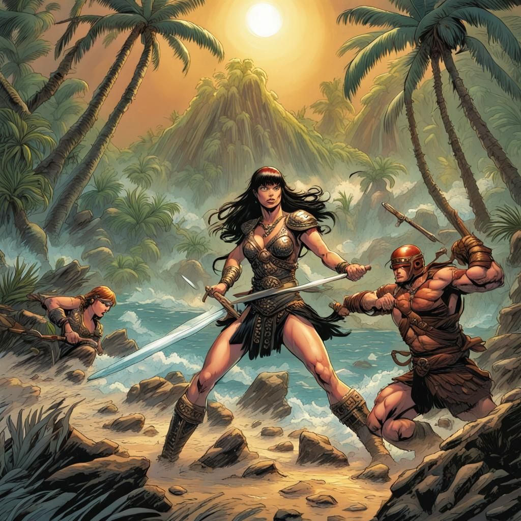 Xena Battles Cyclops: Comic Book Art on Tropical Island