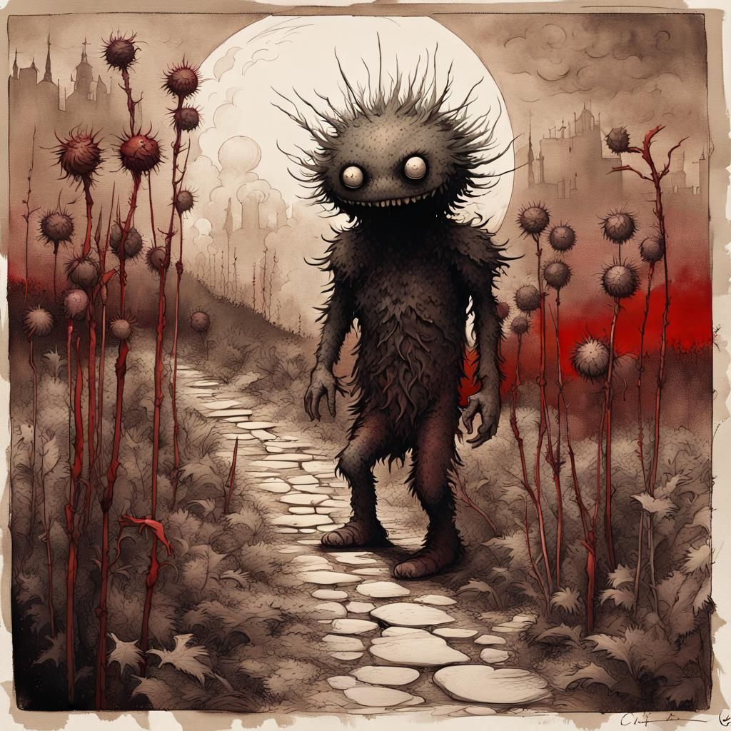 Fantasy Creature Walks to Moon in Sepia Tones